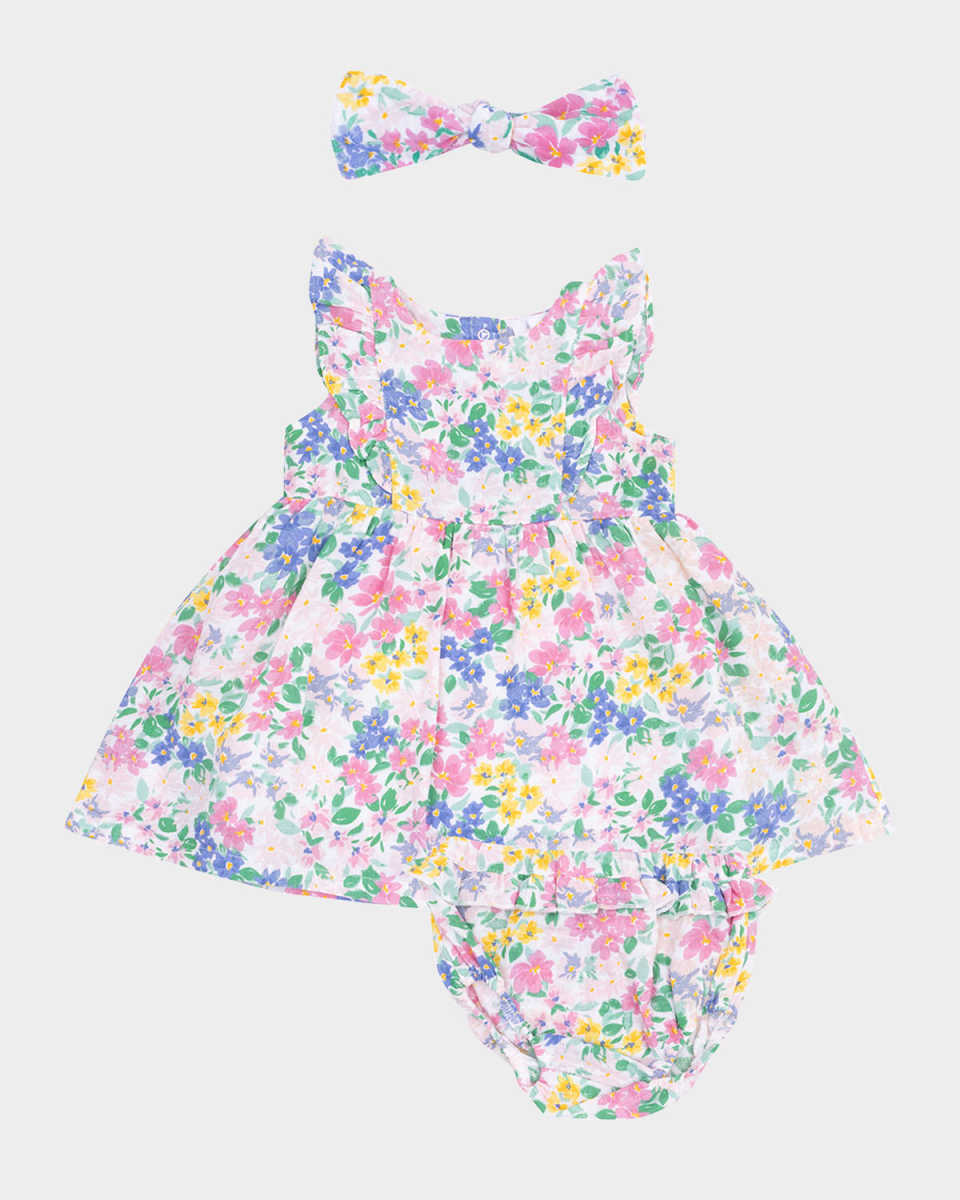 Girl's Emma Floral-Print Ruffle Dress W/ Bloomers & Headband, Size 6M-24